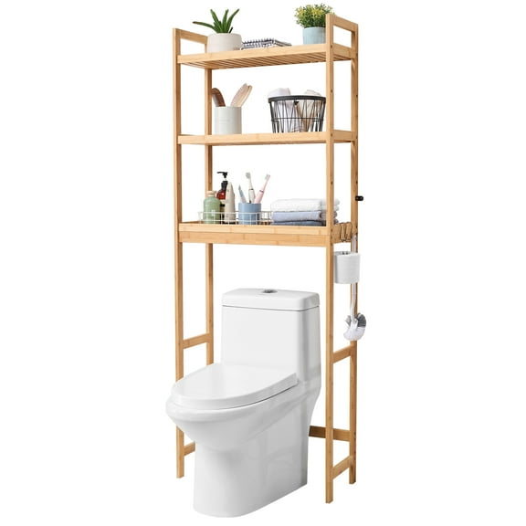 KFFKFF Above Toilet Organizer, 3-Level Bamboo Shelf with Adjustable Heights, Includes 3 Hooks, Freestanding Assembly for Bathroom and Laundry, Universally Compatible
