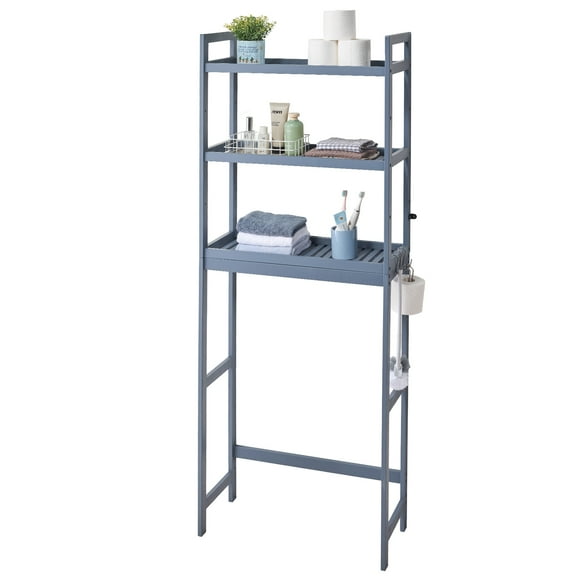 KFFKFF Above Toilet Shelving, 3-Level Bamboo Bathroom Shelf with Adjustable Heights, Includes 3 Hooks, Standalone Assembly for Space Optimization, Compatible with Various Toilets, Gray