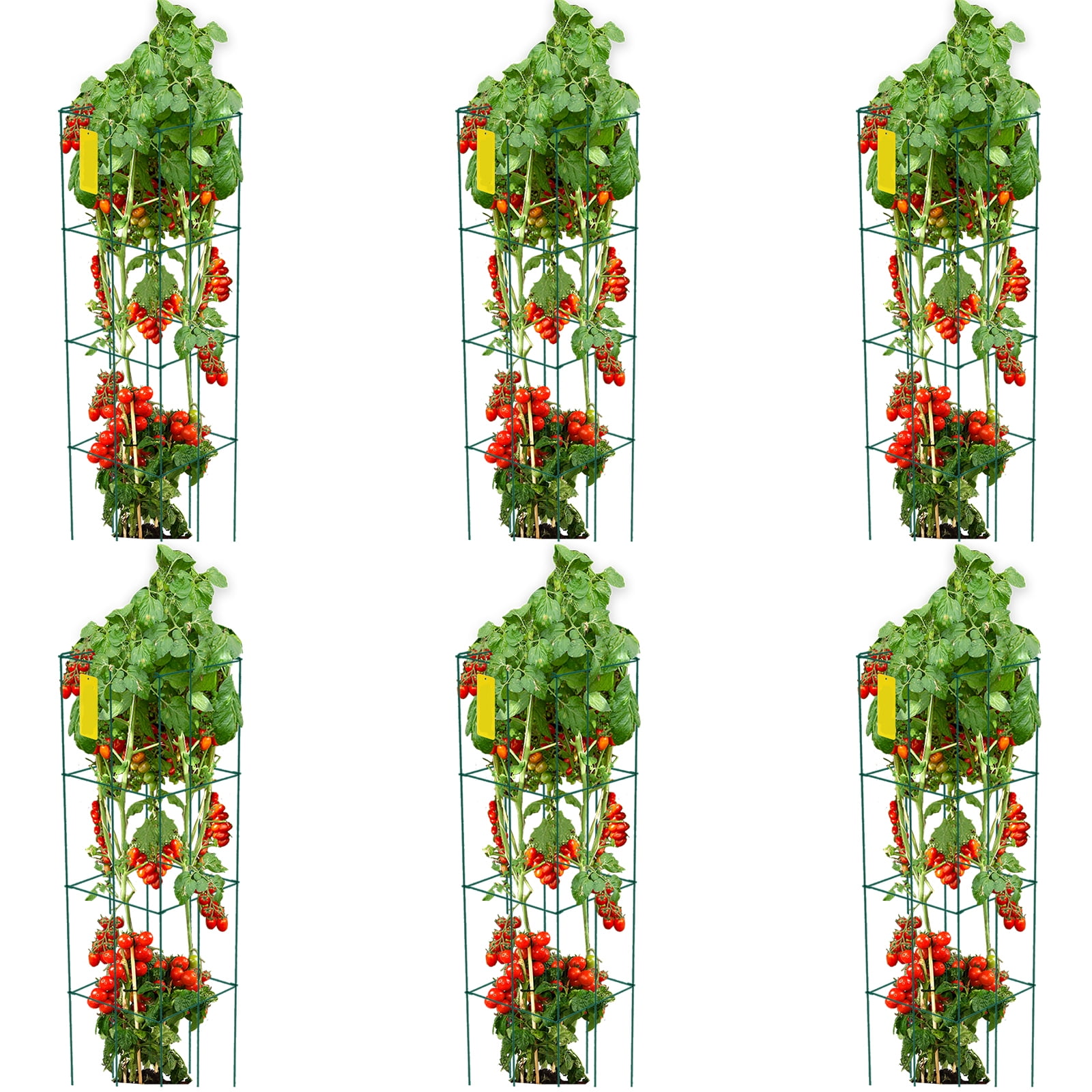 KFFKFF Tomato Cages, 14.6" x 14.6" x 39.4", 6 Packs Square Plant Support Cages, Green PVC-coated Steel Tomato Towers for Climbing Vegetables, Plants, Flowers, Fruits