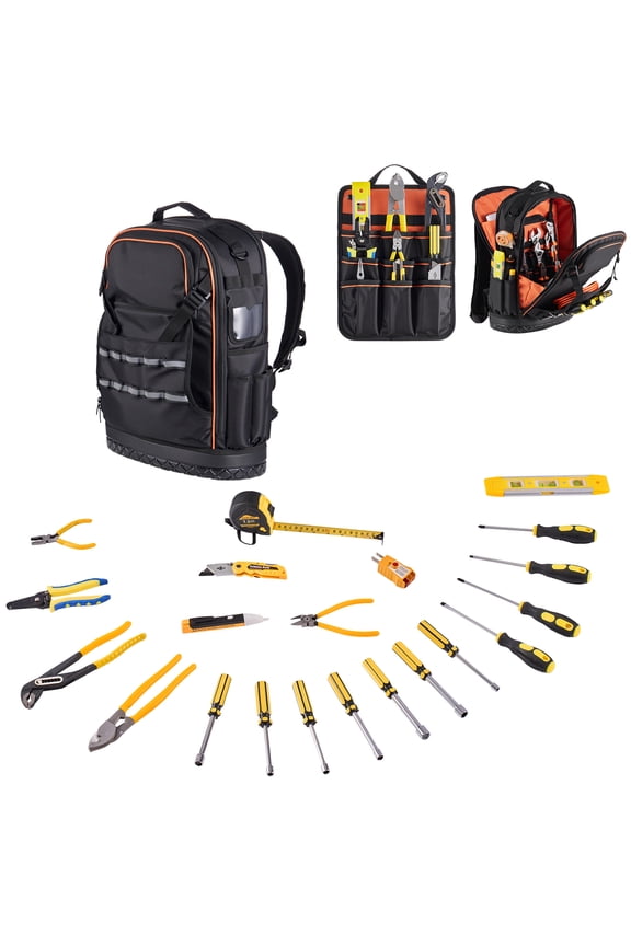 Tool Backpack with 65 Pockets, Durable Storage Organizer with Laptop Compartment & Molded Base, Ideal for Electricians, Technicians, and Repair Professionals