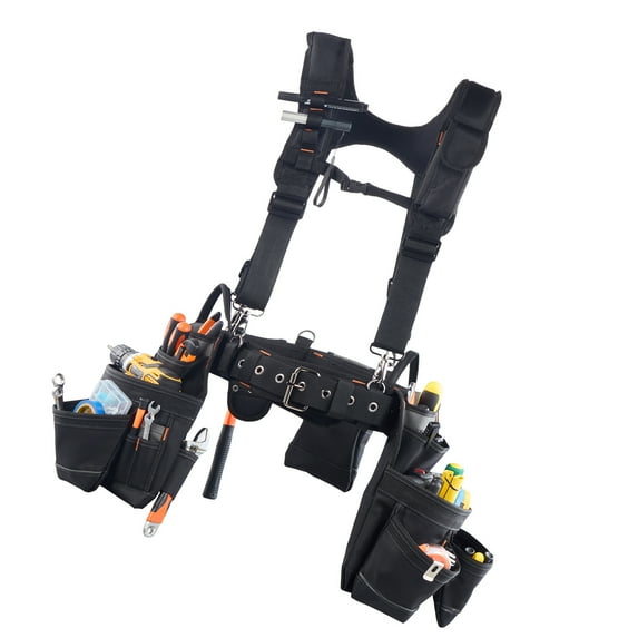 KFFKFF Tool Belt with 19 Pockets and Suspenders, Adjustable Utility Belt for Men, Durable Work Bag with Detachable Suspension Rig, Suitable for Electricians, Carpenters, and Construction Workers
