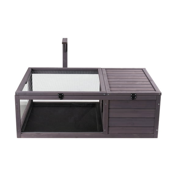 KFFKFF Tortoise Home, Wood Crafted Indoor/Outdoor Shelter, Includes Light Stand, Dual-Compartment for Reptiles like Geckos, Lizards, Snakes, Measures 38x24x13 inches