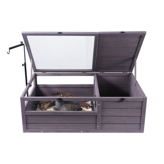 KFFKFF Tortoise Home, Wood Enclosure for Indoors & Outdoors, Features Lamp Stand Adjustability, Dual-Section Reptile Cage Suitable for Geckos, Lizards, Snakes - Dimensions: 38x24x13 inches
