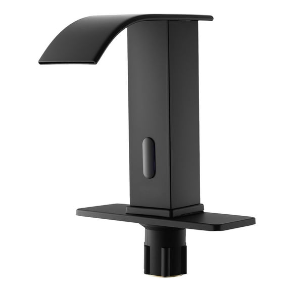 KFFKFF Touchless Bathroom Sink Faucet, Automatic Motion Sensor Waterfall Faucet with Hole Cover Plate, Battery Powered, Hot and Cold Water for 9/16 in Pipe, Matte Black Finish for Commercial Use