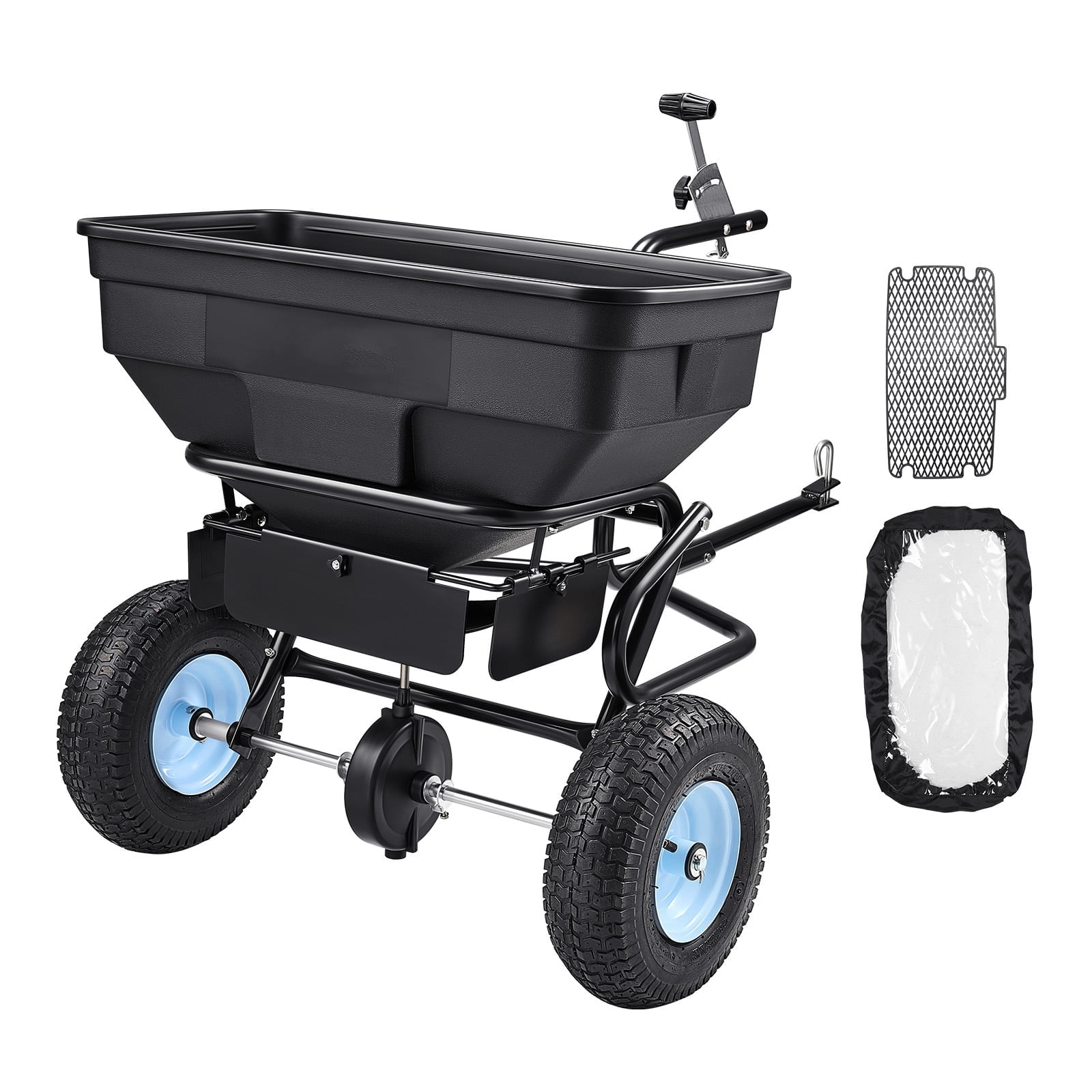 KFFKFF Tow-Behind Broadcast Spreader Garden Fertilizer Seeder, Steel & PP Material, 130 lbs Capacity