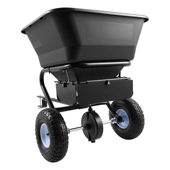 KFFKFF Tow-Behind Spreader with 9.8 ft Spread Width, 85 lbs Hopper Capacity, Adjustable Flow Control, 10" All-Terrain Tires, Ideal for Spreading Seed, Fertilizer, and Ice Melt