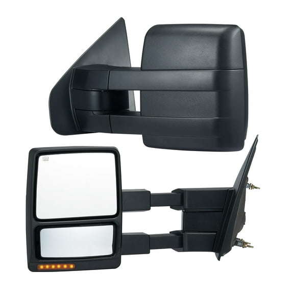 KFFKFF Tow Mirrors, Set of Two for Ford F150 from 2004-2014, Electrically Heated with Indicator & Ground Lights, Flat & Curved Glass, Manually Adjustable Telescopic Folding, Defrost Function, Black