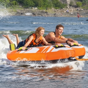 KFFKFF Towable Tube for Boating,with 340lbs Capacity, Inflatable Tube for 1-2 Riders,include Durable Nylon Cover & Comfortable Handles