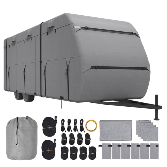 KFFKFF Travel Trailer Cover for 18-20 ft RV, Durable 4-Layer Non-Woven Fabric, Waterproof and Wind-Resistant Camper Cover with Storage Bag, Repair Patches, Straps, and Tire Covers