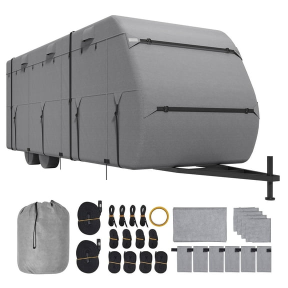 KFFKFF Travel Trailer Cover, 20-22 ft RV Cover, 4-Layer Non-Woven Fabric Camper Cover, Durable and Weather-Resistant, Includes Storage Bag, Repair Patches, Straps, and Tire Covers