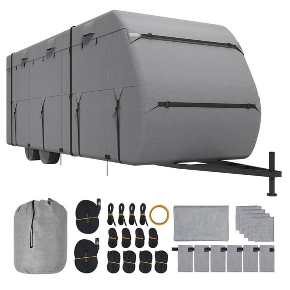 KFFKFF Travel Trailer Cover, 22-24 ft RV Cover, 4-Layer Non-Woven Fabric Camper Cover, Durable and Weather-Resistant, Includes Storage Bag, Repair Patches, Straps, and Tire Covers