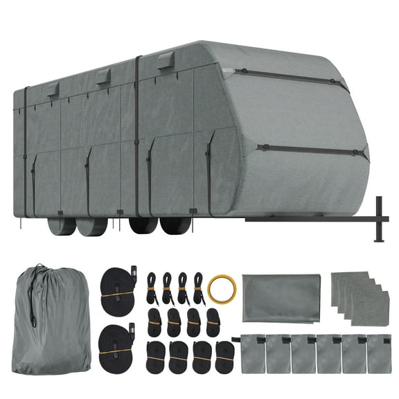 KFFKFF Travel Trailer Cover for 28-31 ft RVs, Durable 300D Oxford Fabric Top, Waterproof, Wind-Resistant, and Tear-Resistant Design, Includes Storage Bag, Repair Patches, Straps, and Tire Covers