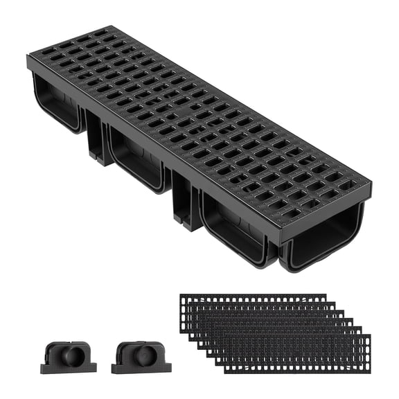 KFFKFF Trench Drain, 20.1 x 5.5 x 3.5 in, 6-Pack Linear Drainage Channels, HDPE Channels with Grates & End Caps, Durable Outdoor Drainage Solution for Driveways, Patios, Pools, Gardens, Yards, Black