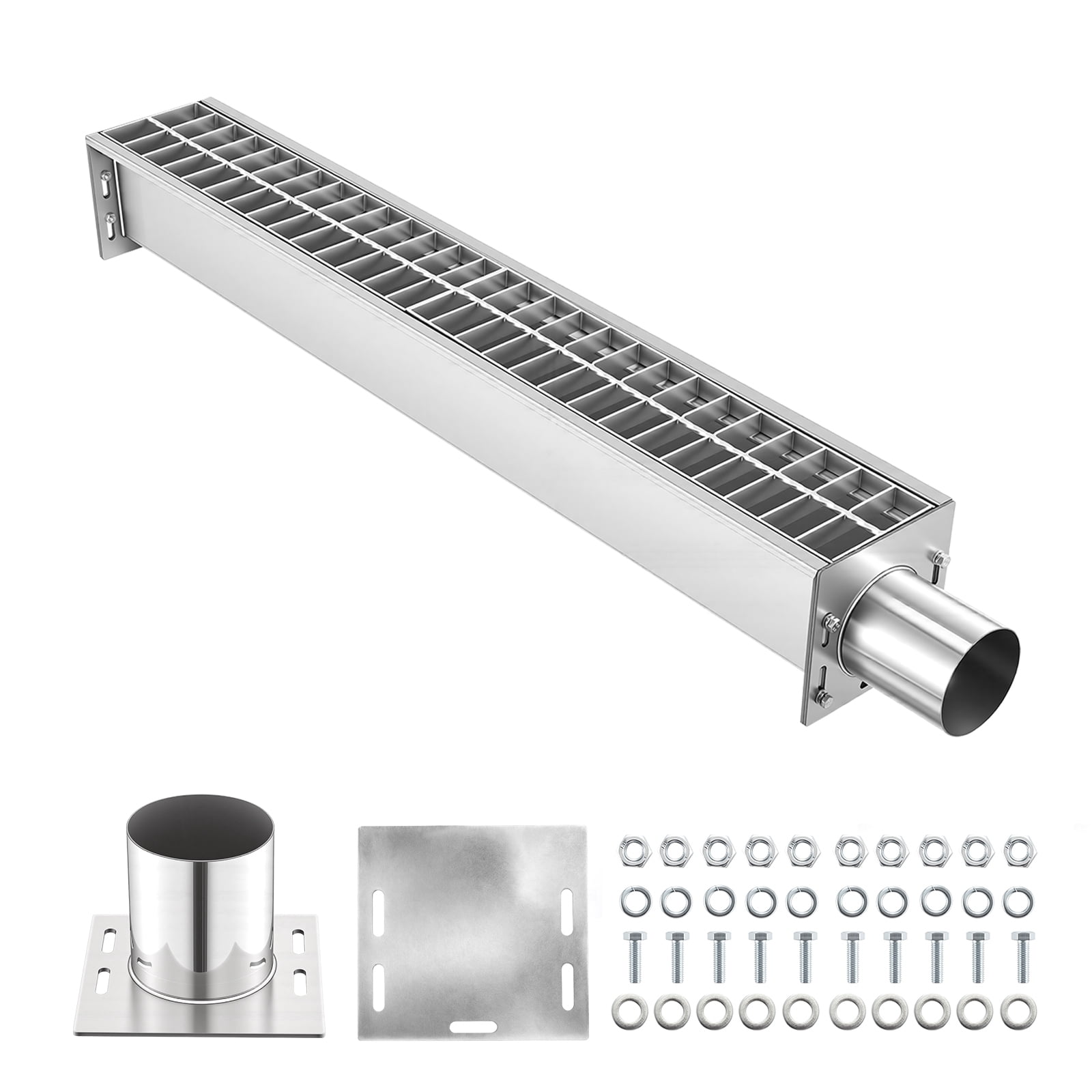 KFFKFF Trench Drain, 43.3 x 5.8 x 5.5 in, Linear Drainage Channel with Carbon Steel Grate, 304 Stainless Steel Channel, Durable Outdoor Drainage Solution for Driveway, Patio, Pool, Garden, Silver