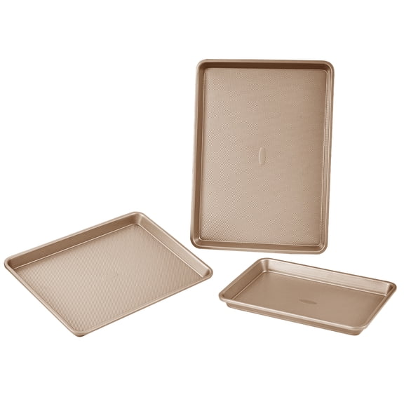 KFFKFF Trio Baking Set, Nonstick Carbon Steel Kitchenware Sheets & Trays, Oven-Safe, Stackable Cookware with Silicone Grips, Simple to Maintain, Ideal for Baking Cookies, Cakes, Muffins, and Bread