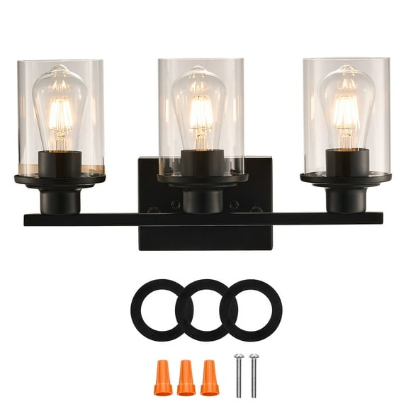KFFKFF Trio-Light Bathroom Illumination, Contemporary Mirror-Over Vanity Lighting, Wall-Mounted Bathroom Lamp with Transparent Glass Cover, E26 Ceramic Holder for Bedroom Lounge Corridor