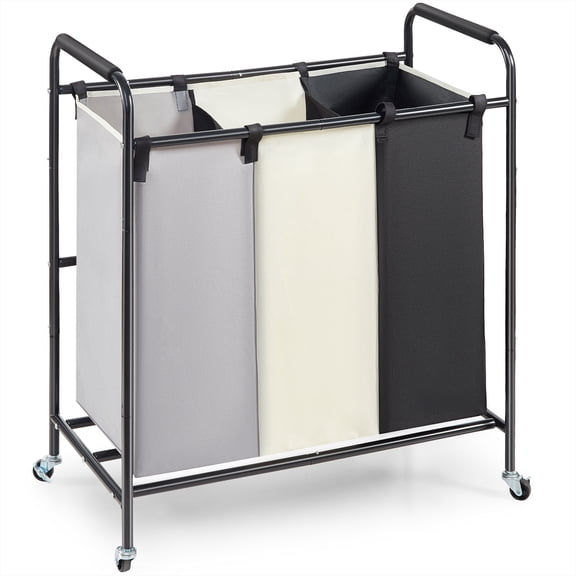 KFFKFF Triple Compartment Laundry Bin, Robust Laundry Storage Solution, Laundry Trolley with Sturdy Lockable Casters for Soiled Garments in Washroom or Bedroom