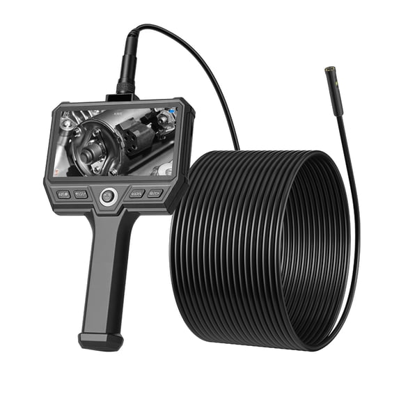 KFFKFF Triple Lens Endoscope with 32.8FT Ultra-Rigid Cable, Industrial Inspection Camera with 5" HD IPS Screen, 8 + 2 Adjustable Lights, 8X Zoom, 5000mAh Battery, IP67 Waterproof for Automotive