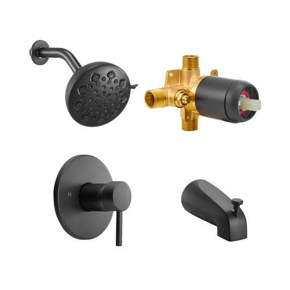KFFKFF Tub and Shower Faucet Set with 4.7-Inch Rainfall Shower Head and Bathtub Spout, 9 Spray Settings, Single-Handle Tub Trim Kit with Brass Pressure Balance Valve, Matte Black Finish