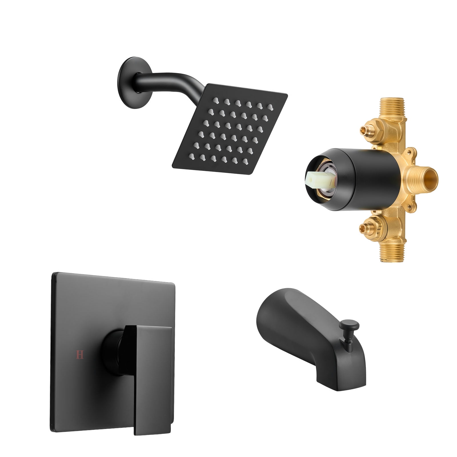 KFFKFF Tub and Shower Faucet Set with 4-Inch Rainfall Shower Head and Bathtub Spout, Single-Handle Tub Trim Kit Featuring 304 Stainless Steel Valve Trim, Matte Black Finish for Bathrooms