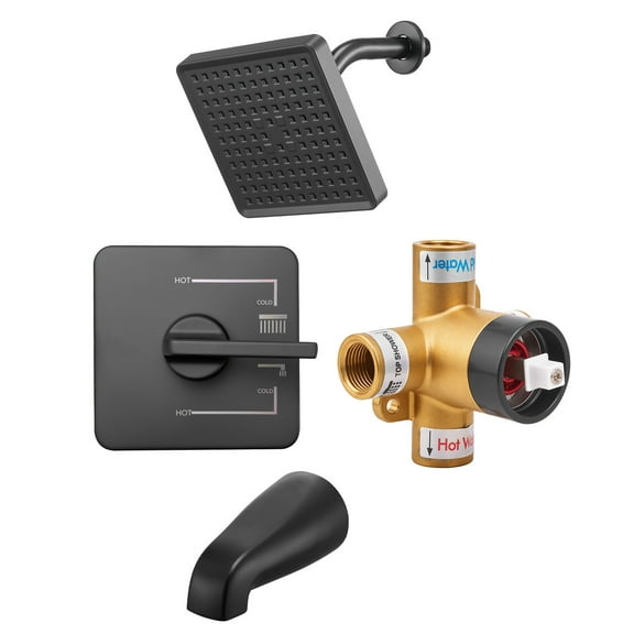 KFFKFF Tub and Shower Faucet Set with 6-Inch Rainfall Shower Head and Bathtub Spout, Single-Handle Tub Trim Kit Featuring 304 Stainless Steel Valve Trim, Matte Black Finish for Bathrooms