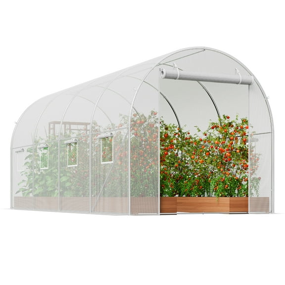 KFFKFF Walk-in Tunnel Greenhouse, 15x7x7 ft, Featuring a Durable Galvanized Steel Frame and White PE Covering, Equipped with a Roll-up Zipper Door and 8 Ventilation Windows