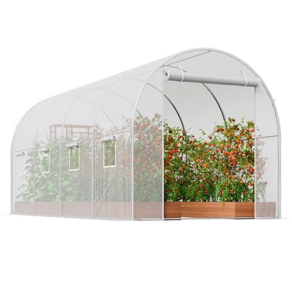 KFFKFF Tunnel Greenhouse, 14.6x6.4x6.3 ft, with Durable Galvanized Steel Frame and White PE Cover, Features Roll-up Zipper Door and 8 Ventilation Windows for Garden