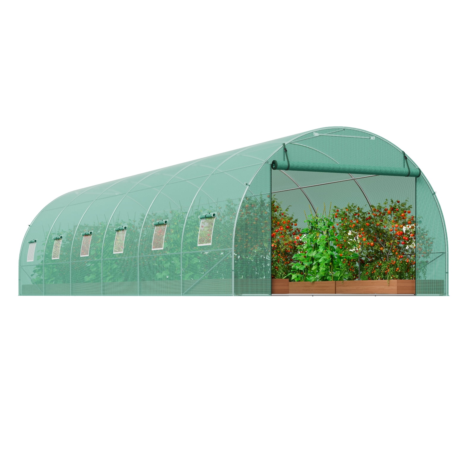 KFFKFF Tunnel Greenhouse, 29.2x9.7x6.5 ft, with Sturdy Galvanized Steel Frame and Green PE Cover, Features Roll-up Zipper Door and 12 Windows, Ideal for Extended Plant Growing Seasons