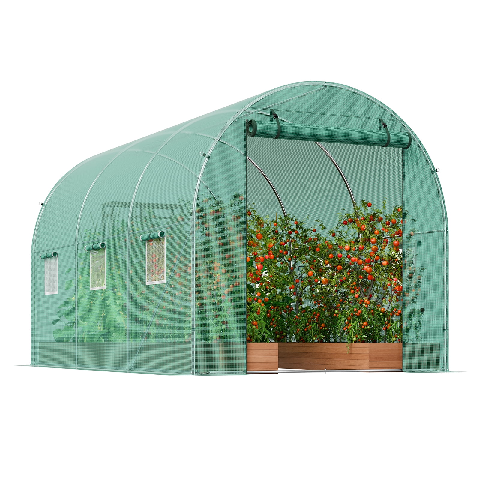 KFFKFF Walk in Greenhouse, Dimensions 11.3x6.4x6.3 ft, Sturdy Galvanized Steel Frame and Green PE Cover, Equipped with a Roll-up Zipper Door and Six Windows