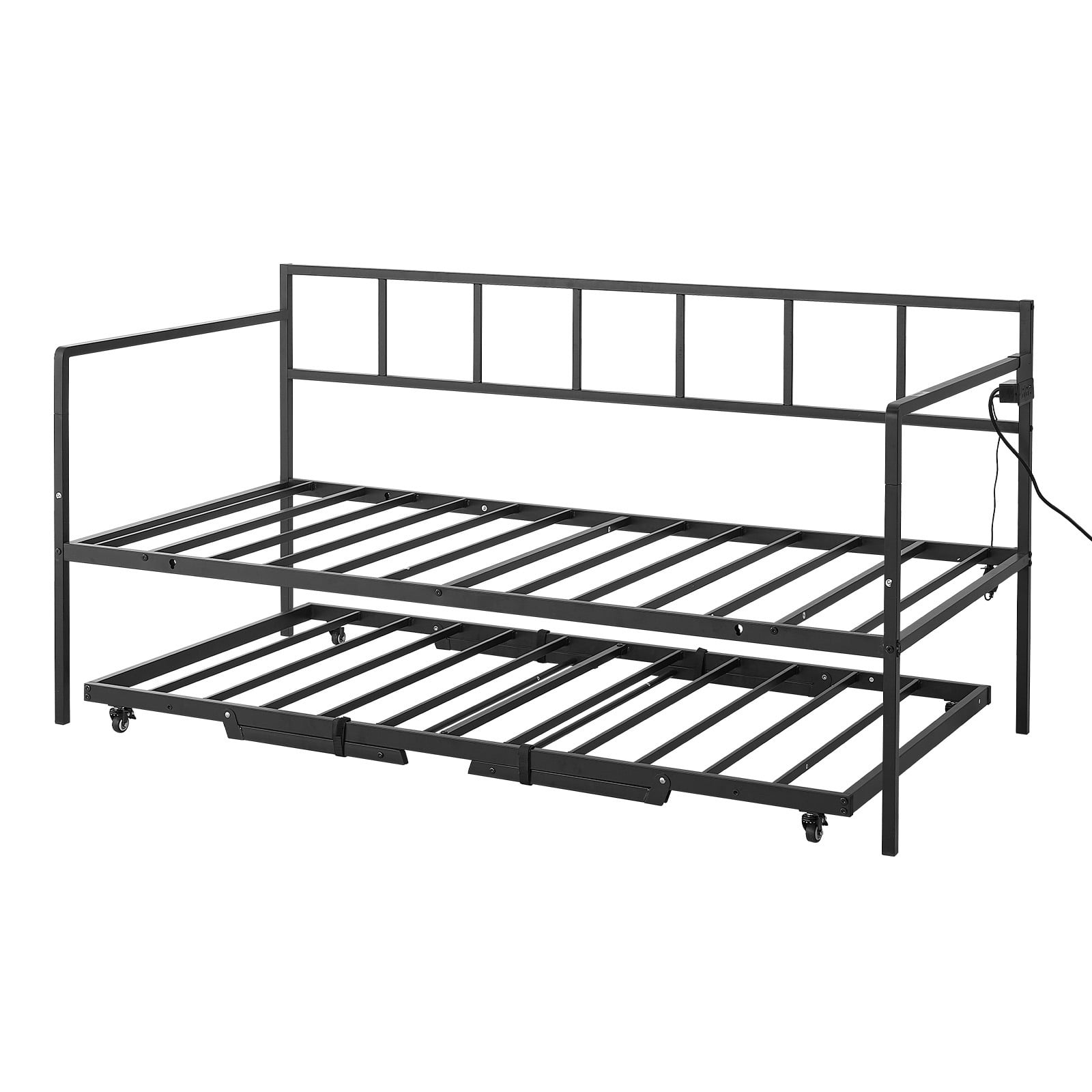 KFFKFF Twin Daybed with Pop-Up Trundle, Metal Frame with Charging Station and LED Light, Ideal for Living Room, Bedroom, Durable Twin Size Sofa Bed Frame, Adjustable Height, Lockable Casters, Black