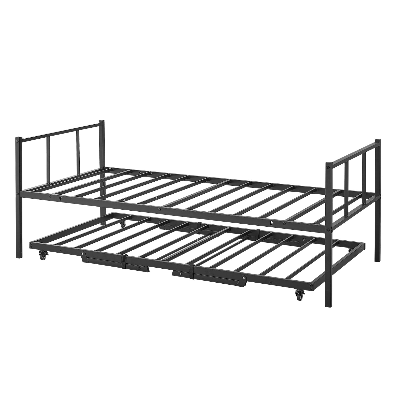 KFFKFF Twin Daybed with Pop-Up Trundle Metal Frame,Rectangular Design for Living Room,Bedroom,or Guest Room.Space-Saving Heavy-Duty Metal Sofa Bed with 2 Lockable Casters,Simple Assembly,Black Finish