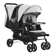 KFFKFF Twin Pram, Compact Folding Dual Stroller with In-Line Seats, Modifiable Backrest/Footrest, All-Around Safety Belt, Storage Compartment & Tray (Light Gray, Black)