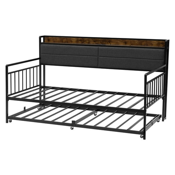 KFFKFF Twin Size Daybed Frame with Trundle, Sturdy Metal Platform Bed with Built-in Charging Station, Space-Saving Design for Living Room, Bedroom, or Guest Room, Easy to Assemble
