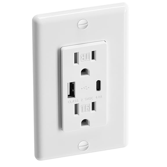 KFFKFF USB Wall Outlet, 24W 15A Tamper-Resistant Electrical Outlet with Type-C and Type-A Ports, Two Three-Prong AC Outlets, Screwless Wall Plate, Multi-Device Charging, White