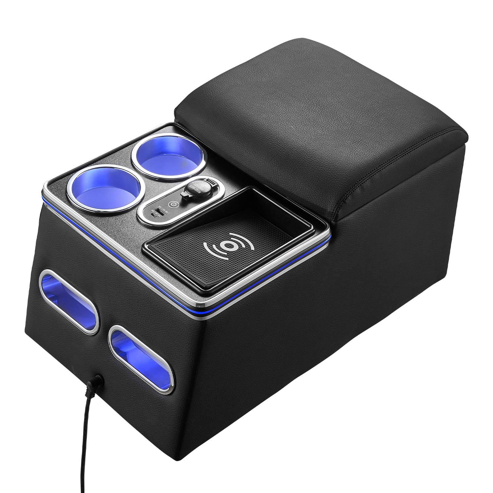 KFFKFF Universal Rear Bench Seat Center Console with Multi-Color Ambient Lighting, Wireless/USB/Cigarette Lighter Charging, Back Seat Organizer with Cup and Phone Holders for MPV, Sedan, SUV