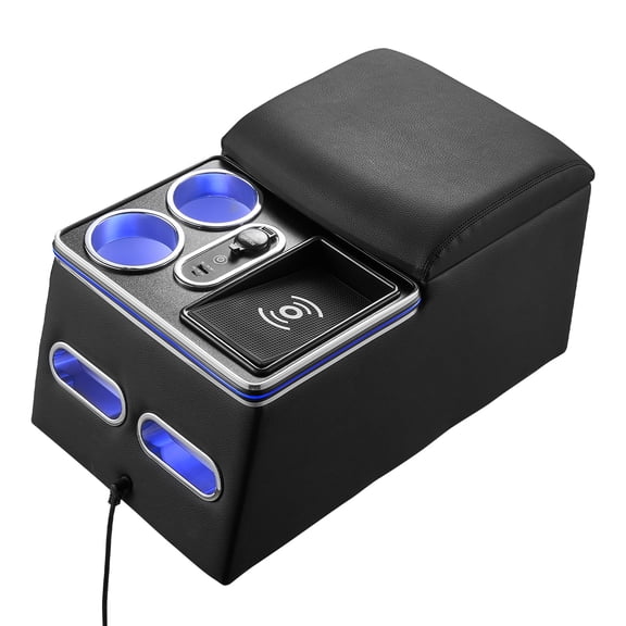 KFFKFF Universal Rear Bench Seat Center Console with Multi-Color Ambient Lighting, Wireless/USB/Cigarette Lighter Charging, Back Seat Organizer with Cup and Phone Holders for MPV, Sedan, SUV