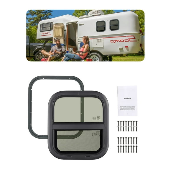 KFFKFF Upright RV Window, Dimensions 14" W x 16" H, Shaded Sliding RV Window with Mesh Screen & Decorative Ring, Suitable for 15/16" - 1 3/4" Wall Thickness, RV Window, DOT Certified