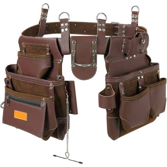 KFFKFF Utility Belt, 22 Compartments, Fits Waists 29"-54", Durable PU Material, Separable Pouch for Professionals like Electricians, Carpenters, and Builders, Brown