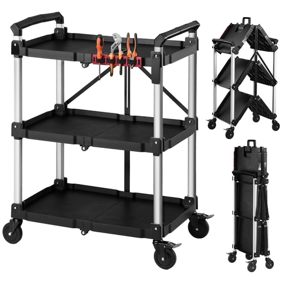 KFFKFF Utility Cart, 300 lbs Capacity, 3-Tier Foldable Service Cart with 360 Swivel Wheels (2 Lockable), Durable Rolling Design with Trays & Side Tool Organizer, Storage Solution for Garage