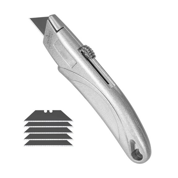 KFFKFF Utility Knife, 2-Pack Retractable Box Cutter, Aluminum Alloy Case, SK5 Blades and Handle, Adjustable Blade Positions, Includes 5 Blades, Durable Cutter for Leather, Cardboard, Rubber Cables