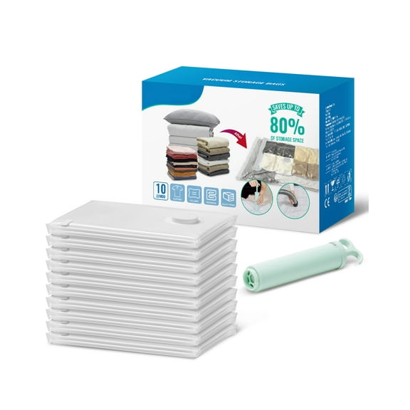 KFFKFF Vacuum Packing Bags, Set of 10 Large Vacuum Sealed Storage Bags, Compressed Air-Tight Bags, Zip Closure Bags for Garments, Bed Linens, Quilts, Cushions, Duvets, Journey (Manual Pump Provided)