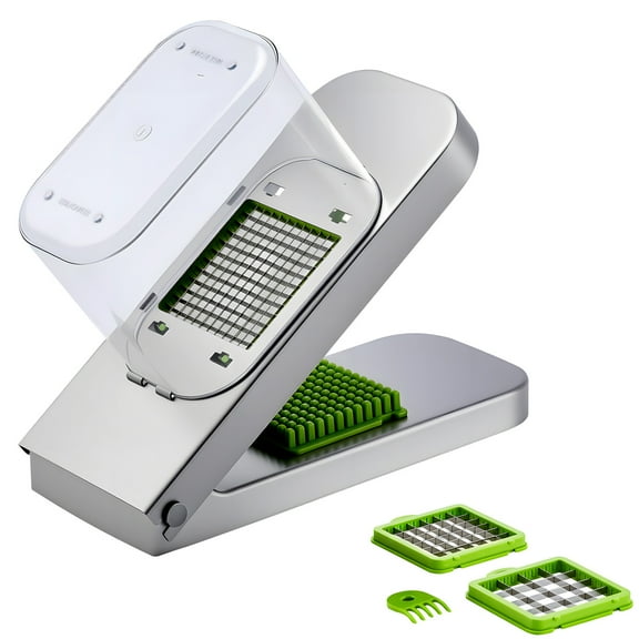 KFFKFF Vegetable Chopper with 3 Stainless Steel Blades, Food Cutter and Onion Slicer with Container, Kitchen Tools for Salad and Potato Preparation, Silver