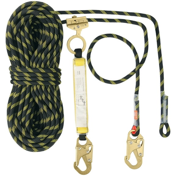 KFFKFF Vertical Safety Line, 150ft Outdoor Climbing Cord with 30KN Tensile Strength, Includes Steel Carabiners and Rope Grab, Suitable for Escape, Outdoor Exploration, and Logging, in Black & Yellow