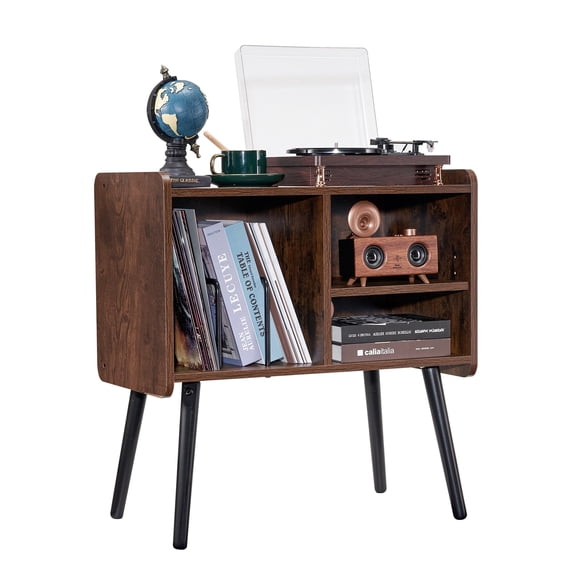 KFFKFF Vinyl Player Stand, Accommodates 100 LPs, Retro Record Storage Unit with Detachable Racks, Adjustable Height LP Player Desk for Lounge, Sleeping Quarters, Coffee Color