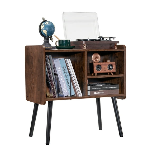 KFFKFF Vinyl Player Stand, Accommodates 100 LPs, Retro Record Storage Unit with Detachable Racks, Adjustable Height LP Player Desk for Lounge, Sleeping Quarters, Coffee Color