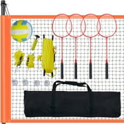 KFFKFF Volleyball and Badminton Net Kit Set, 3 x 32 ft Portable Outdoor Badminton Net with Adjustable Height Steel Poles, PVC Volleyball, Pump