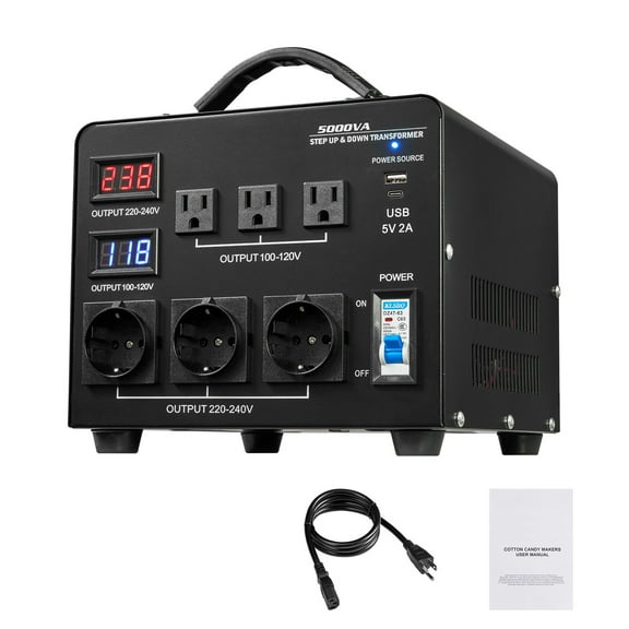 KFFKFF Voltage Auto Converter Transformer, 5000VA, Durable Step Up/Down Power Transformer, Converts 110V to 220V and 220V to 110V, Features 3 US Outlets, 3 EU Outlets, LCD Screen