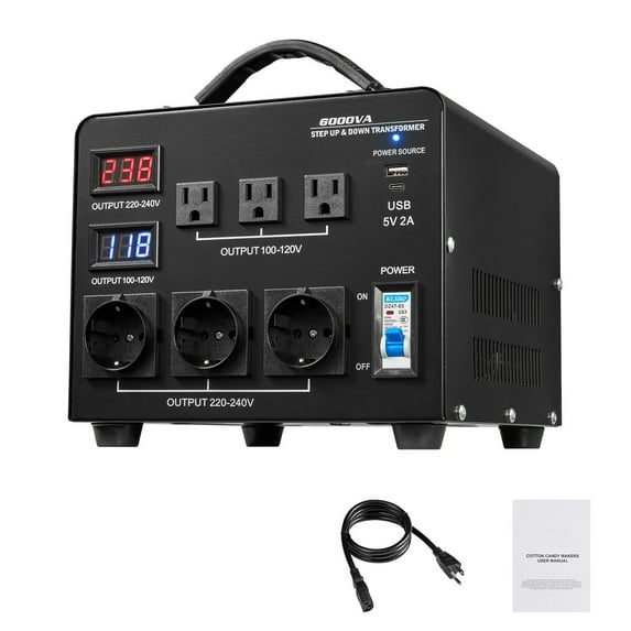 KFFKFF Voltage Auto Converter Transformer, 6000VA, Durable Step Up/Down Power Transformer, Converts 110V to 220V and 220V to 110V, Features 3 US Outlets, 3 EU Outlets, and Circuit Breaker Protection