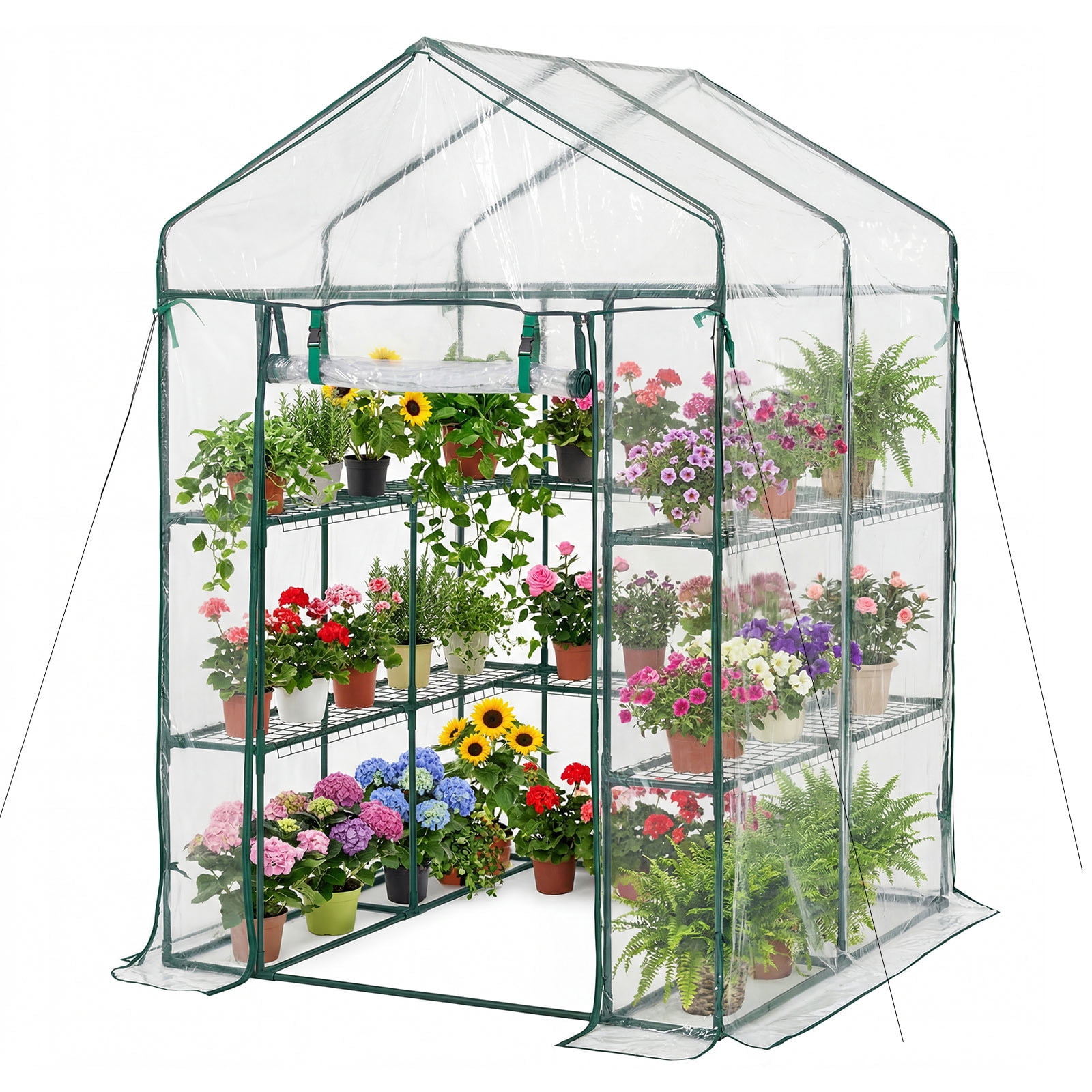 KFFKFF Walk-in Greenhouse, 54" x 54" x 77.2" Outdoor Greenhouse with PVC Cover, 2-Tier 10-Shelf Design, Roll-Up Zipper Door, Portable Garden Hot House for Backyard and Plants