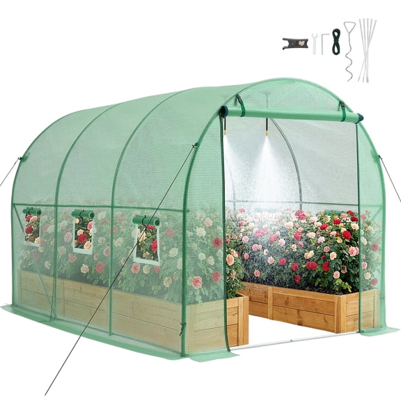 KFFKFF Walk-in Tunnel Greenhouse, 10 x 7 x 7 ft Hoop House with Watering System, Outdoor Plant Shelter with Steel Frame, PE Cover, Zipper Door, and 6 Roll-Up Windows, Green